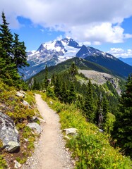 Fototapeta premium Hiking trail winds upward, rocky hillside, snow-capped mountain peak