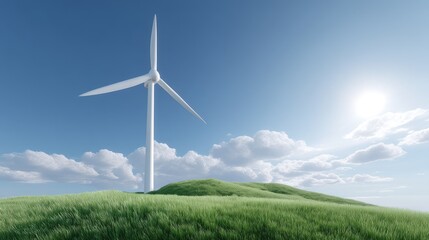 Obraz premium Majestic Wind Turbine on Verdant Hills Under Clear Blue Sky with Soft Clouds and Bright Sunlight