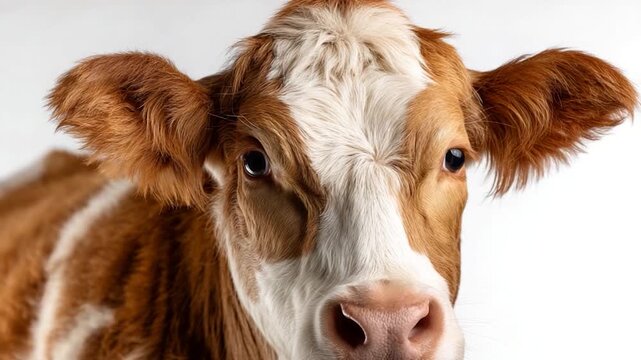 Calf portrait. Brown and white spotted farm animal against a white backdrop