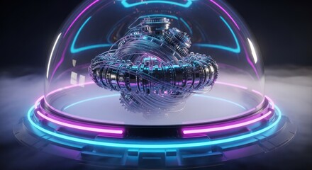 Abstract futuristic technology concept with intricate metallic structure under glass dome