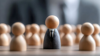 A wooden figure in a suit stands out among a group of plain figures, symbolizing leadership and individuality in the workplace.