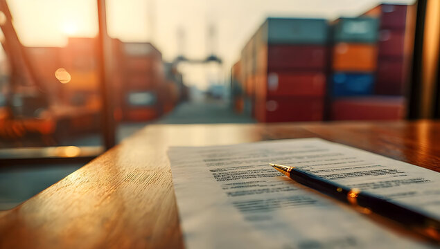 A close-up view of a document and pen on a table, with shipping containers in the background, symbolizing logistics and trade.