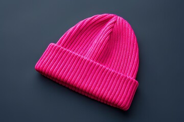 Bright pink ribbed knit beanie hat on dark background