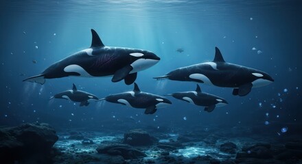 Fototapeta premium A stunning family of orcas swimming majestically in deep blue ocean waters illuminated by sunlight