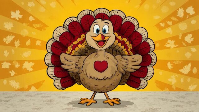 Cartoon turkey with colorful feathers on a patterned backdrop