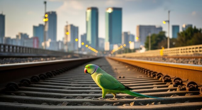 Vibrant parrot perched on railway tracks against a backdrop of urban skyscrapers at dawn - Powered by Adobe