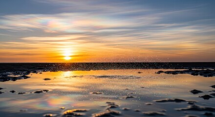 Serene coastal tableau: sunset paints horizon with a vivid symphony of colors and reflections