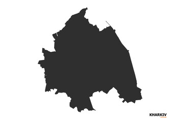 Obraz premium A black silhouette vector map of Kharkiv, featuring clear outlines of the city's boundaries and key geographical features.