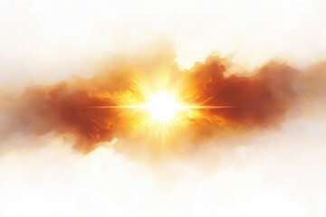 Bright glowing sun shining through vivid orange and yellow clouds against a soft white background, evoking warmth and energy