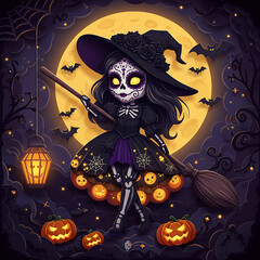Halloween witch with Day of the Dead skull makeup and glowing moonlit background