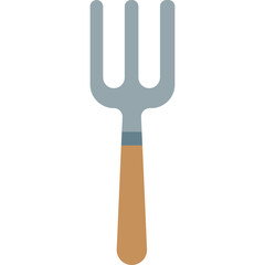 Gray garden fork with wooden handle, sturdy digging tool illustration ideal for farming or soil work.