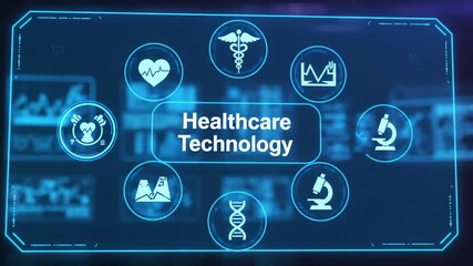 Dynamic medical interface showcasing healthcare technology, DNA, heart health, and scientific research with futuristic blue glow - Powered by Adobe