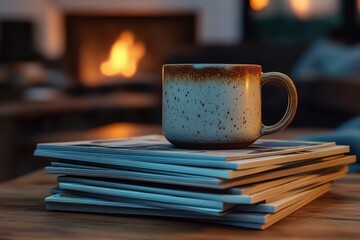 Ceramic cup with speckled design resting on a stack of magazines on a wooden table with warm fireplace and cozy background