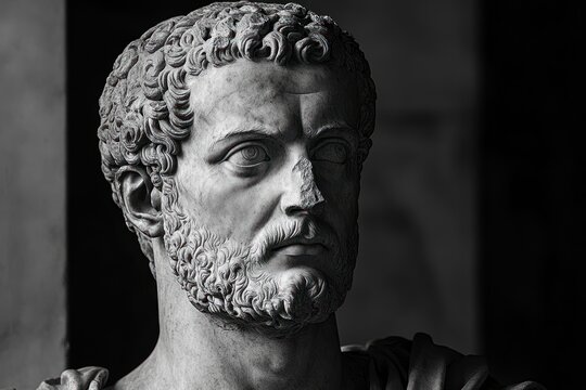 Close-up of a classical marble bust sculpture of a bearded man with curly hair and a serious expression in dramatic lighting