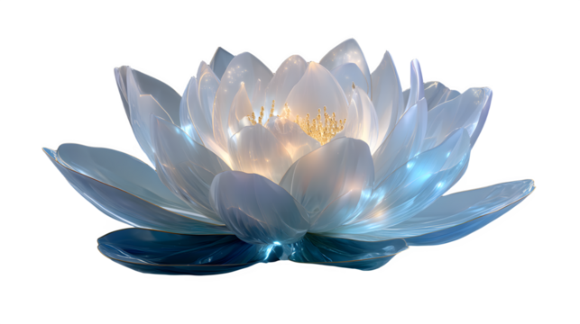 A single, magical lotus flower with petals that are made of pure, crystalline light, floating on a serene pond. isolated on white background--no text, watermark