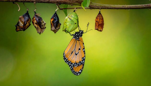 Monarch butterfly emerging from its chrysalis on a branch, surrounded by other cocoons, illustrating the beautiful process of metamorphosis and new life.