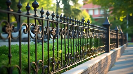 Elegant wrought iron fence lines a suburban property providing security and curb appeal enhancing