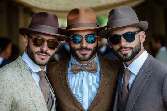 Three fashionable men wearing vintage style brown and grey suits, fedoras, bow tie and sunglasses smiling confidently posing together indoors