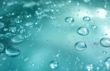 Close-up view of water droplets suspended in a clear turquoise liquid creating a serene and refreshing atmosphere