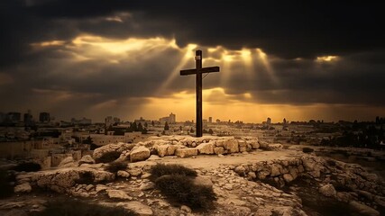 Realistic Video of Dramatic Cross With Sunbeams Shining Above a City