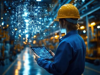 Worker in blue uniform and yellow hard hat using digital tablet with holographic data display in a modern industrial facility