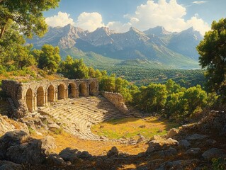 Obraz premium Ancient stone amphitheater ruins surrounded by lush green trees and rocky landscape with towering mountains under a bright cloudy sky