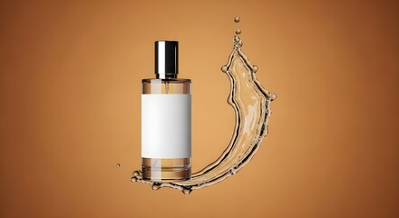 Minimalist luxury perfume bottle isolated on a solid, warm amber background. The bottle is a simple, clean glass cylinder with a stark white label. A perfectly shaped, cohesive splash of clear liquid 