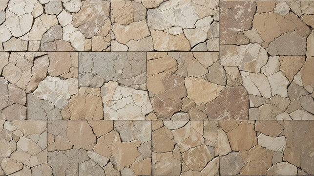 Modern flagstone mosaic tiles slabs with random chaotic texture for stone wall ,patio floor or terrace construction. Abstract background of brown sandstone slabs with cracked lines on garden walkway.