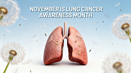 The lung model, accompanied by dandelions, represents the concept of lung cancer prevention and treatment promotion, and is used in the November lung cancer awareness month promotion scene.