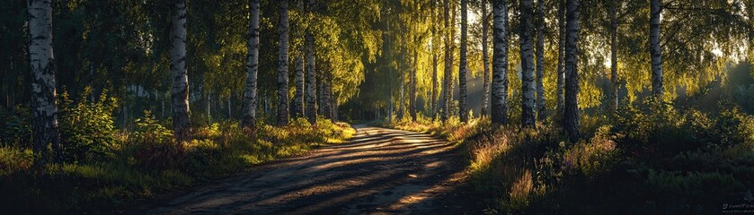 Naklejka premium A serene forest path illuminated by golden sunlight, flanked by lush greenery and birch trees, creating a tranquil atmosphere perfect for exploration.