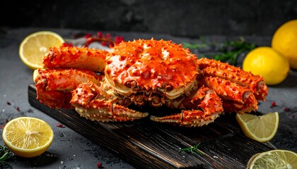Cooked crab on a dark wood cutting board with lemons