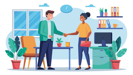 Illustration of two people shaking hands in an office