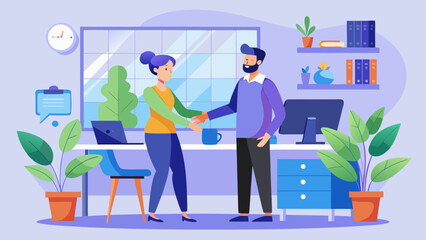 Man and woman shaking hands in an office environment