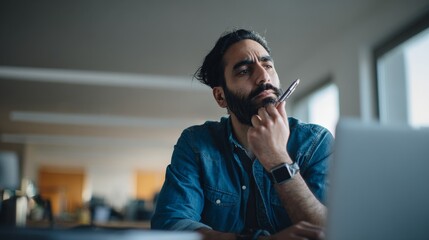Attractive Middle Eastern man with black hair and beard sitting at modern office desk using laptop, holding pen to lips in thoughtful gesture, wearing blue denim shirt and smartwatch