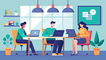 Three people working on laptops at a shared workspace