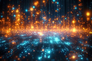Glowing blue and orange digital particles floating above a futuristic grid with depth and light trails, creating a vibrant technology-inspired atmosphere