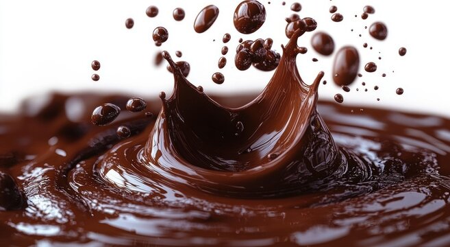 Close-up of thick dark chocolate liquid splashing and forming droplets against a white background, showcasing glossy and smooth texture with dynamic motion - Powered by Adobe