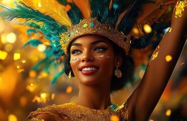 Smiling woman adorned in glittering gold costume and elaborate feathered crown celebrates with joyful expression and vibrant festive atmosphere
