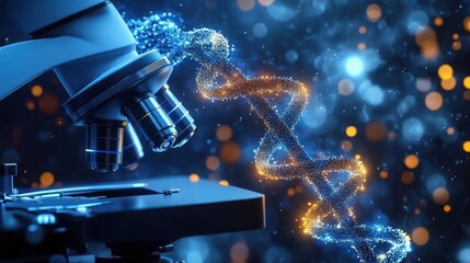 Close-up of a microscope examining a glowing double helix DNA strand with blue and orange particles in a futuristic scientific setting
