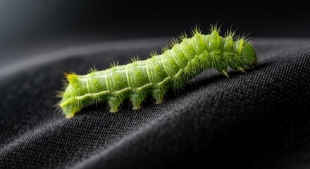 Fototapeta premium Lime green caterpillar exploring the textures of dark fabric in a detailed studio shot