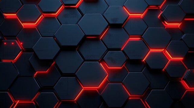Dark hexagonal pattern with glowing red neon lines creating a futuristic and high-tech atmosphere - Powered by Adobe
