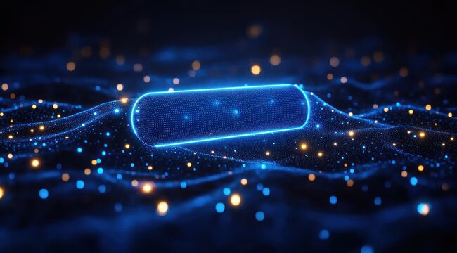 Glowing cylindrical digital object surrounded by a blue and orange particle wave field representing futuristic technology and data flow - Powered by Adobe