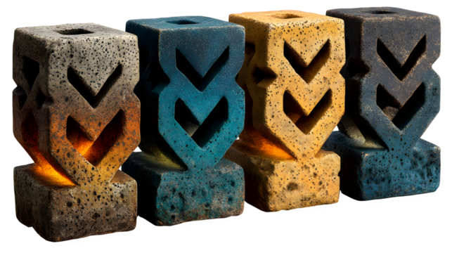 A series of ancient, stone-carved geometric symbols floating in a cosmic void, each glowing with a different color. isolated on white background--no text, watermark