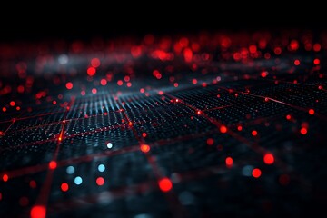 Abstract digital landscape with glowing red and blue lights creating a futuristic and technological data flow pattern
