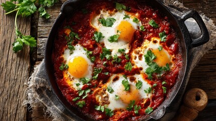 Skillet Baked Eggs with Tomato Sauce and Fresh Parsley in Rustic Cast Iron Pan