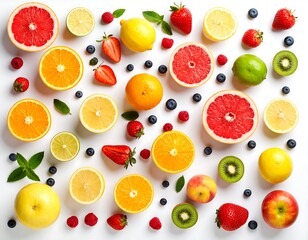 Colorful array of fresh fruit slices and berries
