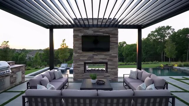 Elegant Gray Outdoor Patio with Stone Fireplace and Television under Metal Pergola