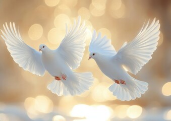 two white doves flying gracefully with wings fully spread against a soft golden bokeh background evoking peace and serenity