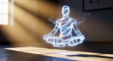 Ethereal figure meditating in a serene room bathed in radiant sunlight spiritual exploration
