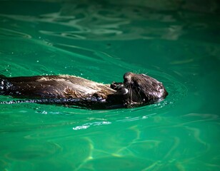 Naklejka premium Sea otter floating on teal water